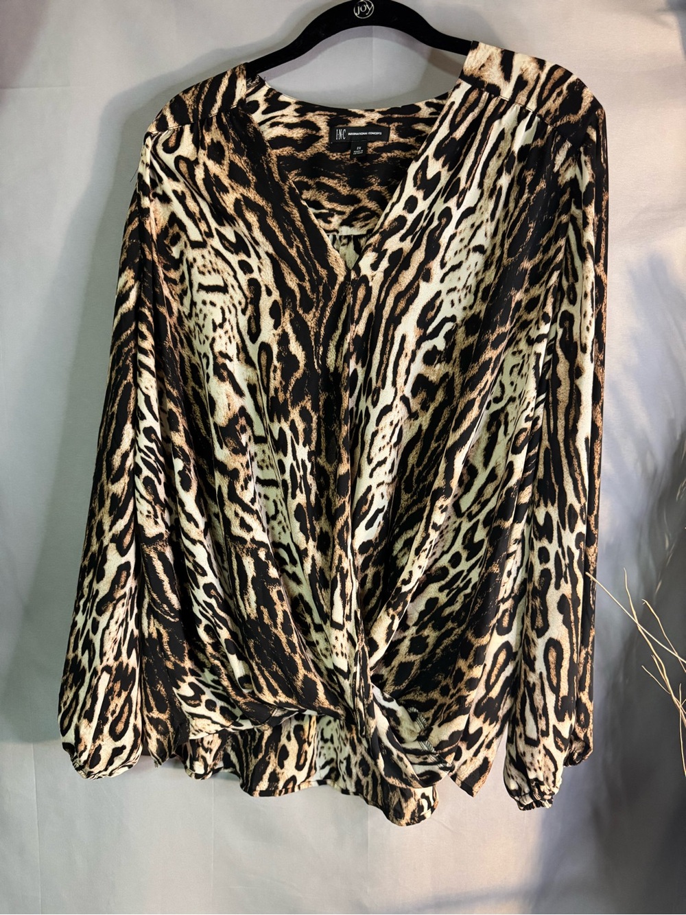 INC International Concepts Animal Print Twist-Front Blouse in Black and Cream